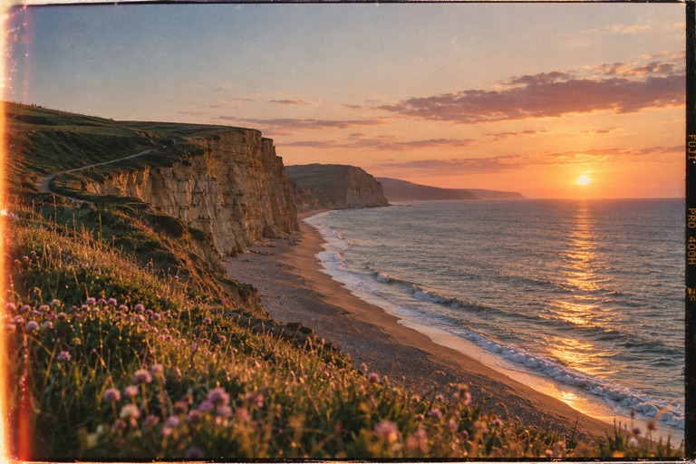 Sunset over coastal cliffs, a winding path and the sea.